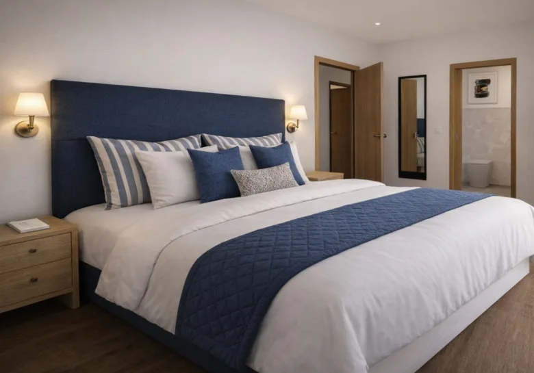 Gwelva Holiday Homes &mdash; principal bedroom styled in coastal navy, with en-suite beyond