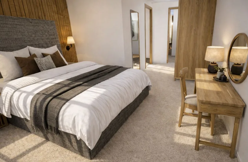 Gwelva Holiday Homes &mdash; double bedroom with a timber-panelled headboard wall and dressing table