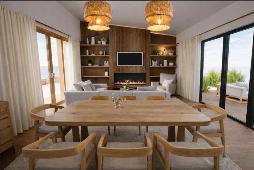 Gwelva Holiday Homes &mdash; open-plan living and dining room with sea views, a media wall and log-burner
