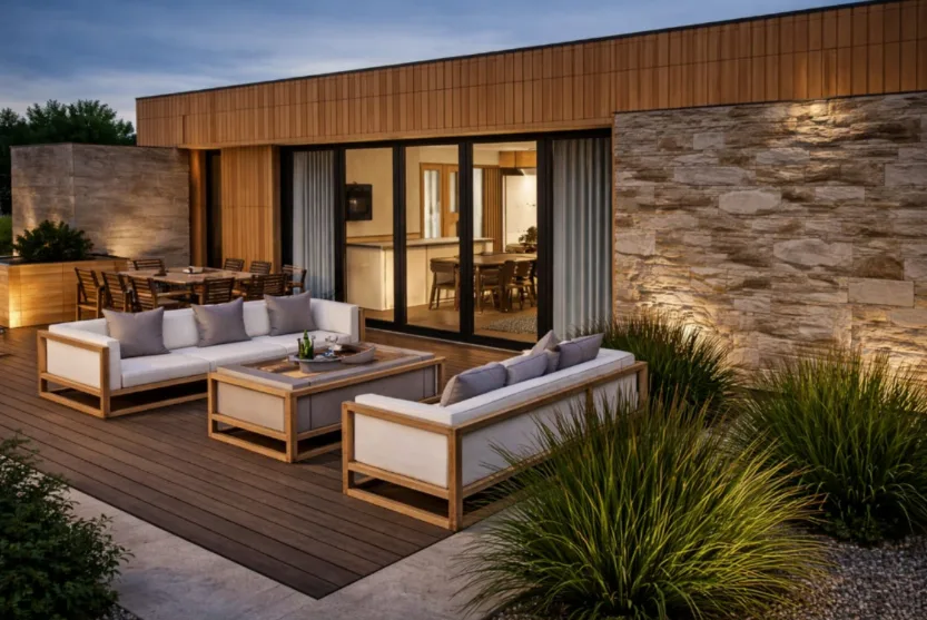 Gwelva Residences &mdash; artist&rsquo;s impression of a villa terrace at dusk overlooking the Whalesborough estate