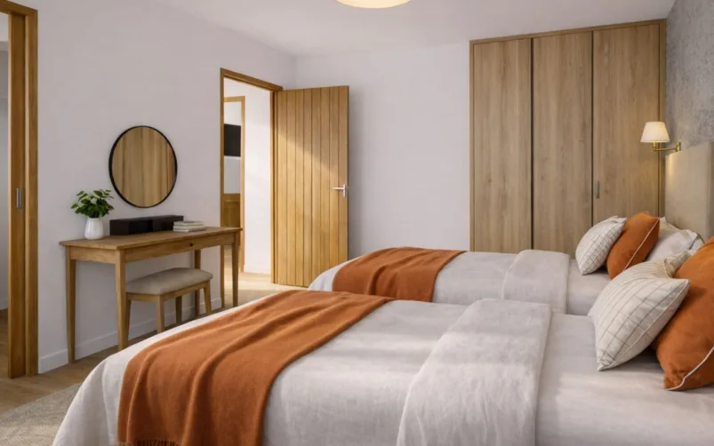 Gwelva Holiday Homes &mdash; twin bedroom with fitted oak wardrobes
