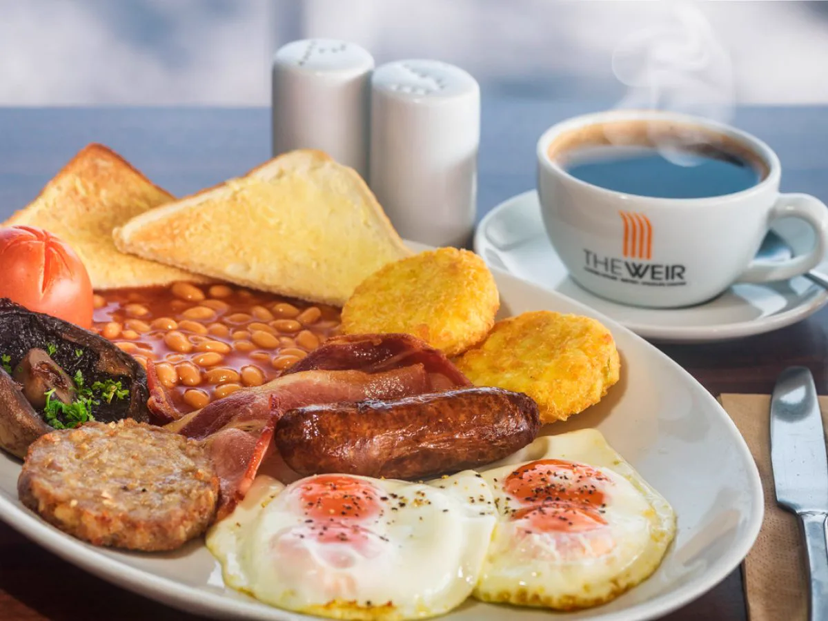 The Weir Restaurant breakfast menu — full Cornish breakfast with estate produce